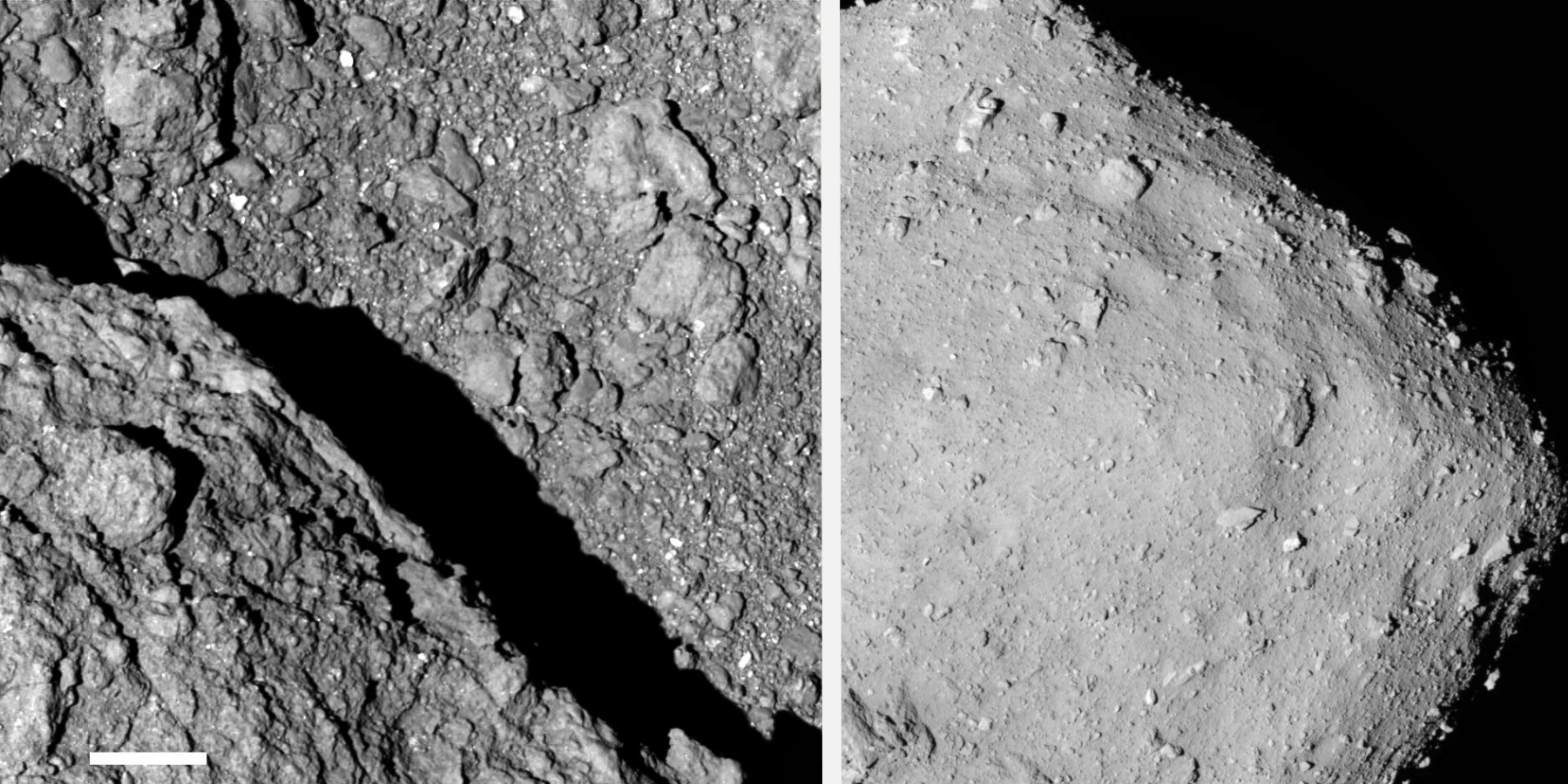 A snapshot of the surface of the near-Earth carbonaceous asteroid Ryugu was taken by the Hayabusa2 spacecraft just before landing. Credit: JAXA / U. Tokyo /