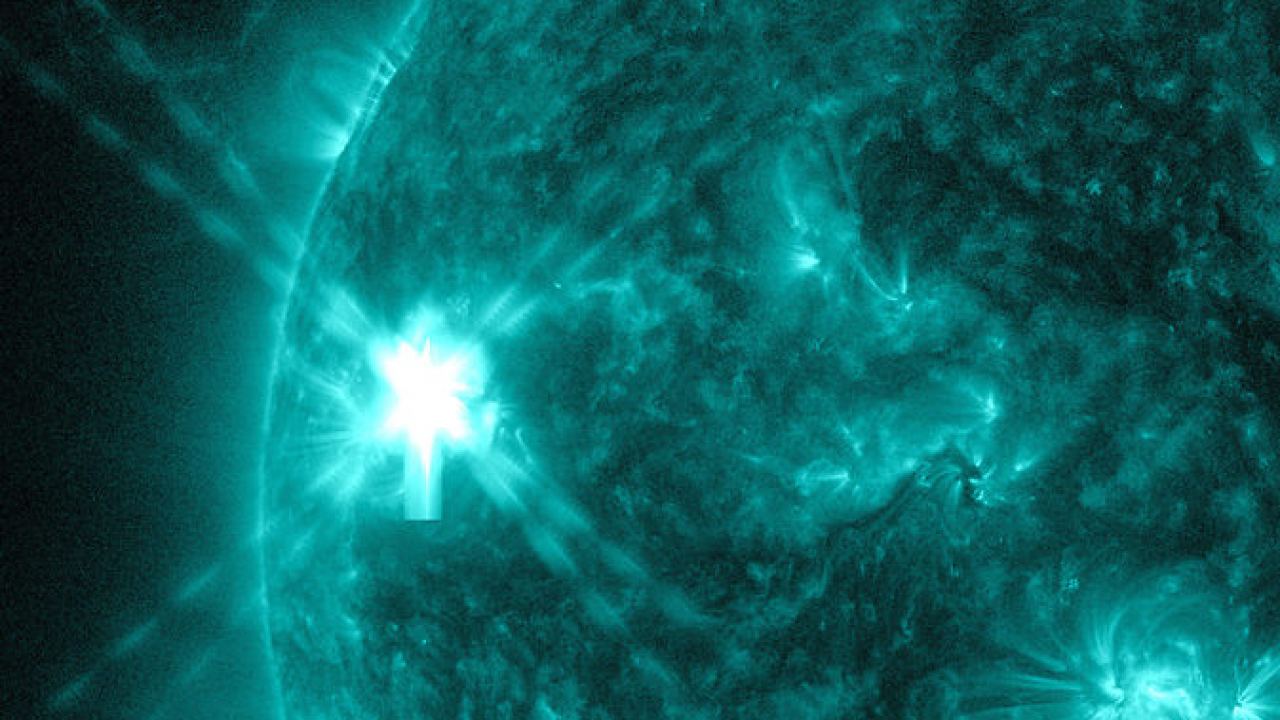 A moderate solar flare erupts on the sun July 8, 2014 in this image from NASA's Solar Dynamics Observatory. Credit: NASA/SDO