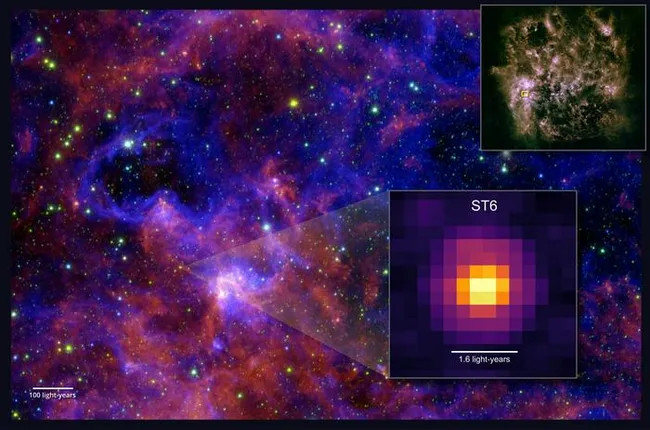 The location of the massive protostar ST6 in the star-forming region N158, close to the giant Tarantula Nebula (30 Doradus) in the Large Magellanic Cloud. The protostar still exists in a huge core of gas 1.6 light-years across. Inset is a view of the LMC seen in infrared. (Image credit: NASA/ESA/CSA/JPL-Caltech/M. Sewiło et al. (2025))